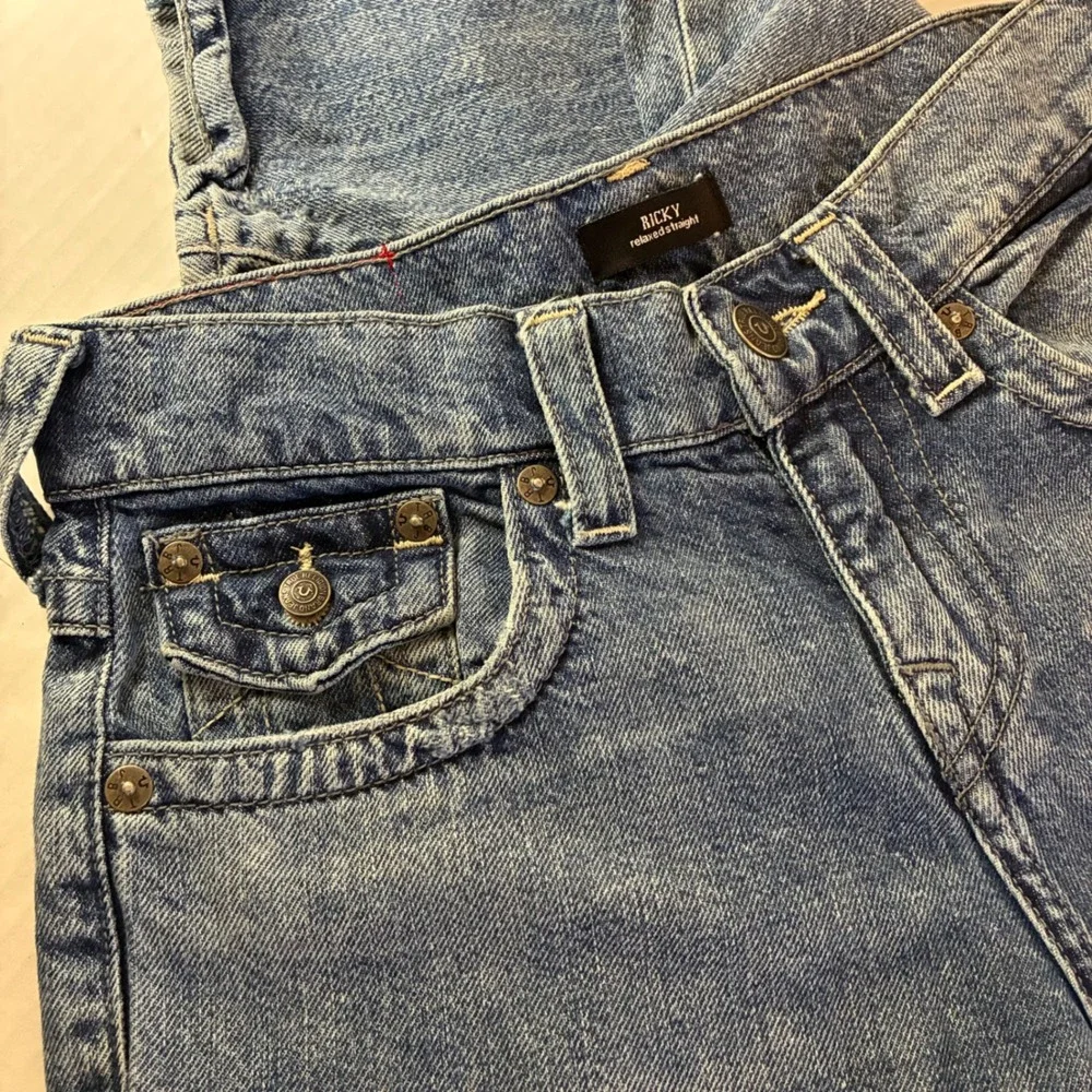 True Religion Ricky Relaxed Straight Distressed Blue Denim Jeans Mens Size 28x32